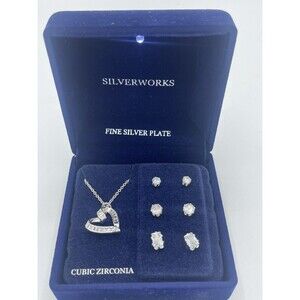 Silverworks CZ Silver Plated Heart Necklace & 3 Pair Stud Earring Set New